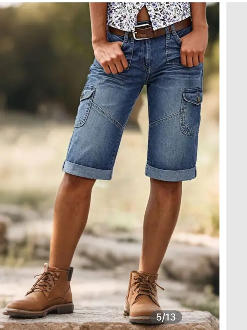 Flamingals Flap Pocket Roll Hem Mid Waist Denim Bermuda Shorts